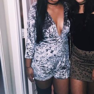 Boohoo Silver Velvet Long Sleeve Romper